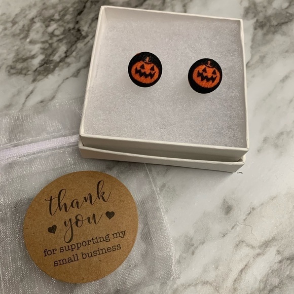 Pumpkin Halloween Fabric Button Earrings, Handmade - Picture 1 of 5